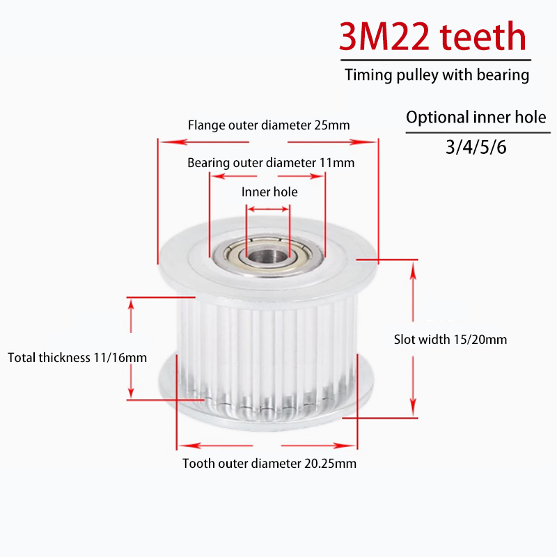 3M 22 Teeth Timing Pulley with Bearing Bore 4mm/5mm/6mm Width 11mm/17mm Tensioning Idler Pulley