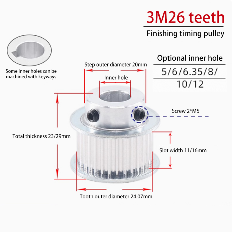 K 3M 26 Teeth Timing Pulley Width 7mm Bore 12mm/14mm for Industrial Applications