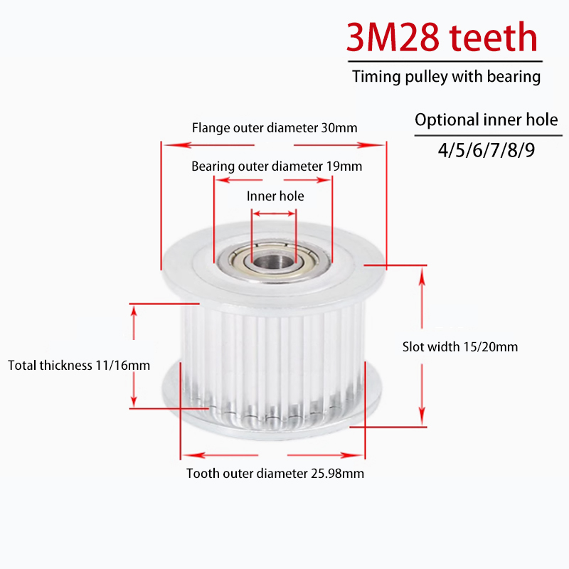 3M 28 Teeth Timing Pulley with Bearing Bore 4mm to 9mm Width 11mm/17mm Tensioning Idler Pulley