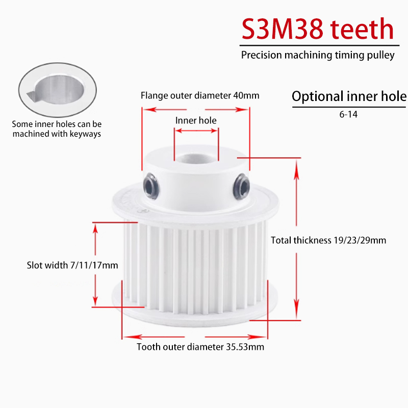 S3M 38 Teeth Timing Pulley with Flange 11 Groove Width BF Aluminum for Instrumentation Applications 38S3M100-B
