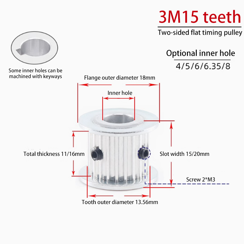 AF 3M 15 Teeth Timing Pulley Width 7mm Bore 4mm/5.6mm/6.35mm for Industrial Applications