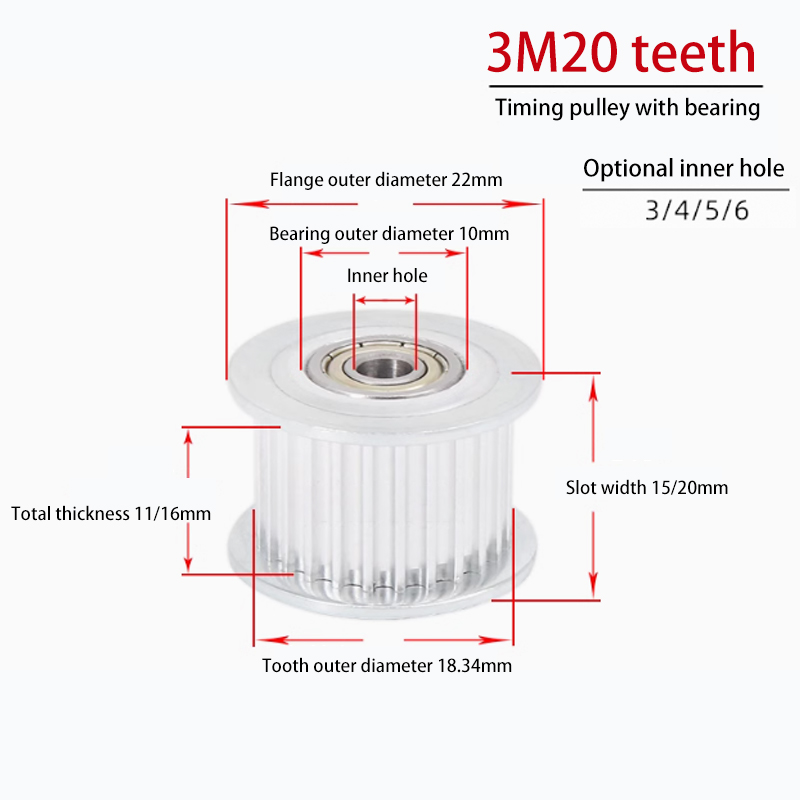 3M 20 Teeth Timing Pulley with Bearing Bore 3mm to 6mm Width 11mm/17mm Tensioning Idler Pulley