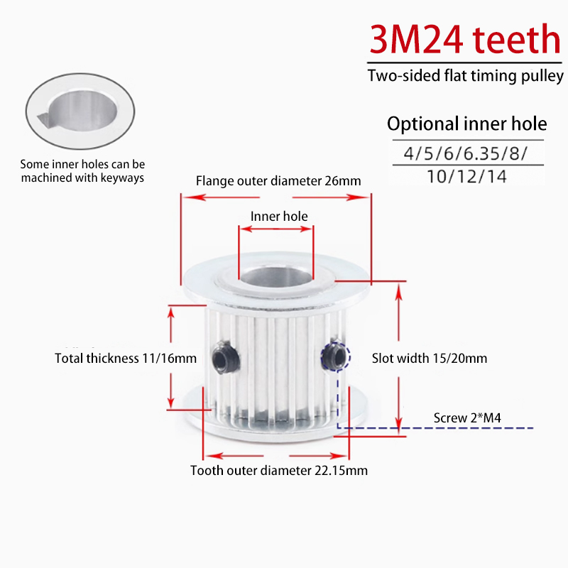 AF 3M 24 Teeth Aluminum Timing Pulley Groove Width 7mm/11mm/16mm