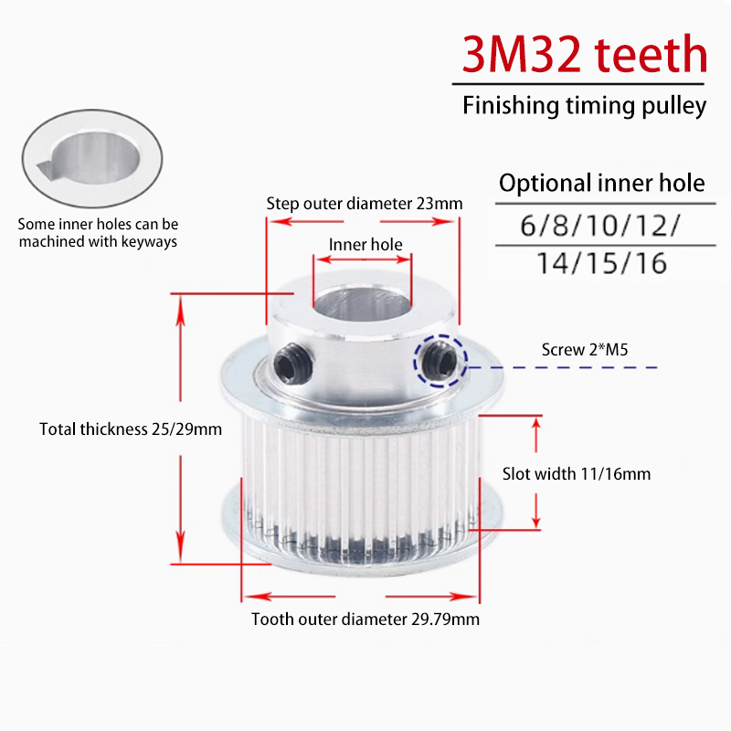 BF 3M 32 Teeth Timing Pulley Width 7mm Bore 8mm to 16mm for Industrial Applications