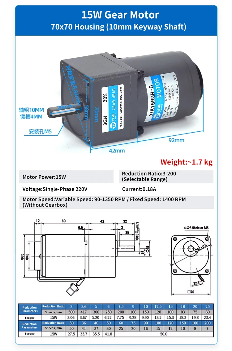 Manufacture Induction Gear Motor 90mm Flange 50/60Hz 90W Induction Motor with Gearbox AC Gear Motor 5IK60GN