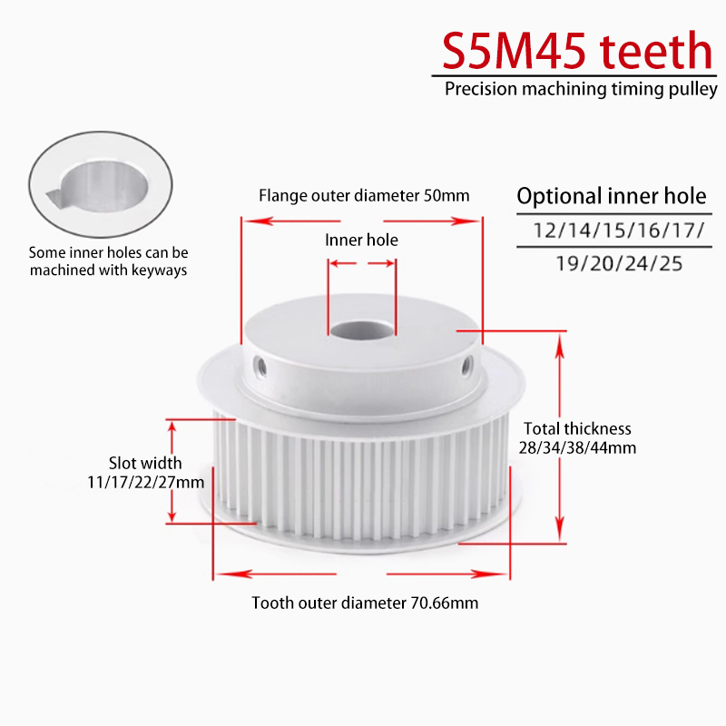 OEM S5M 48 Teeth Timing Pulley with Flange 22 Groove Width BF Aluminum for CNC Applications 48S5M200-B