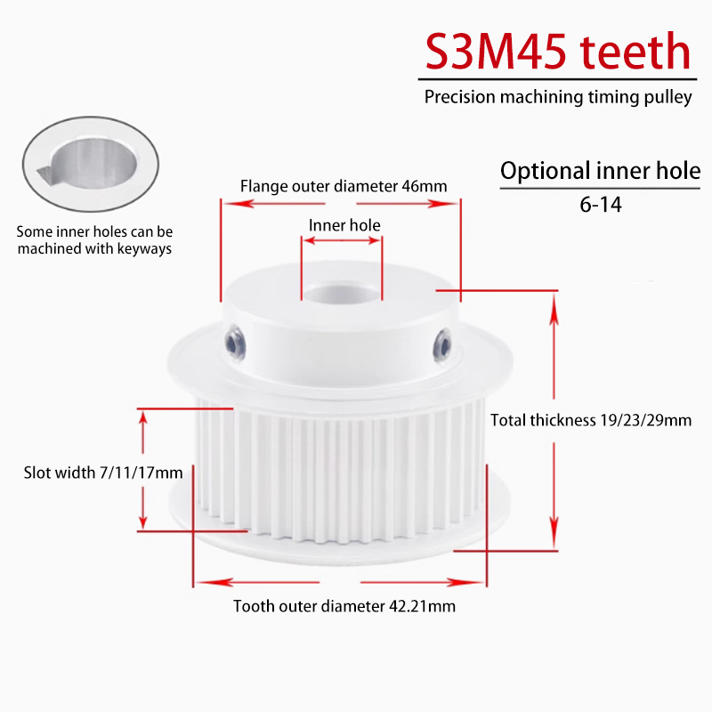 S3M 45 Teeth Timing Pulley with Flange 11 Groove Width BF Aluminum for CNC Applications 45S3M100-B