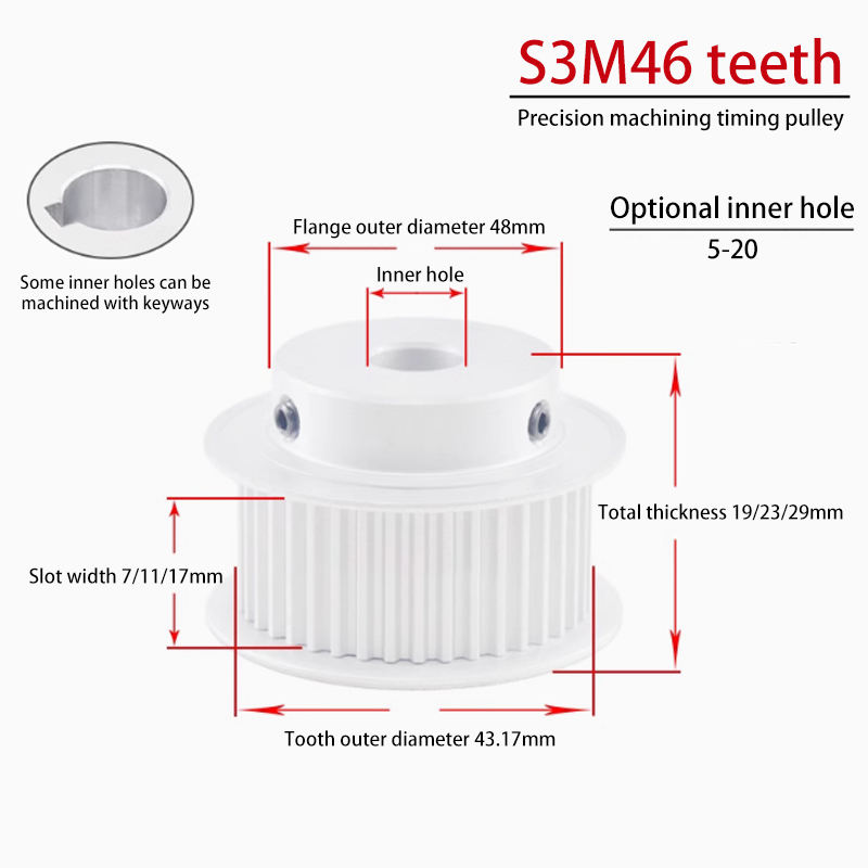 S3M 46 Teeth Timing Pulley with Flange 17 Groove Width BF Aluminum for CNC Applications 46S3M150-B