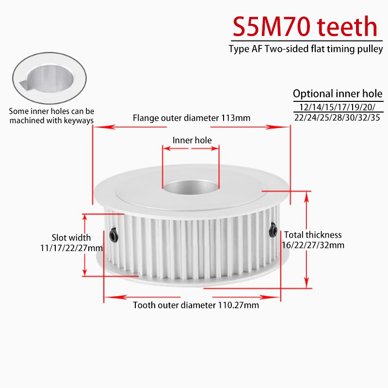 OEM S5M 70 Teeth Dual-Sided Timing Pulley Groove Width 17 AF Aluminum for CNC Applications 70S5M150-A