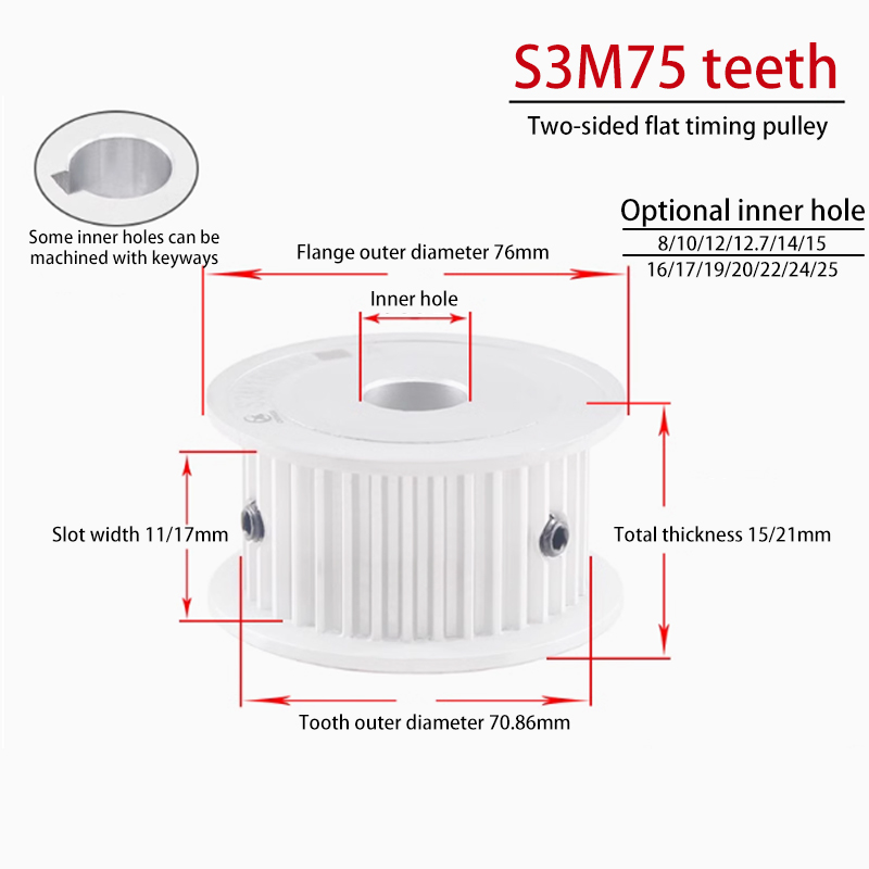 S3M 75 Tooth Dual-Sided Timing Pulley 17 Groove Width AF Aluminum for Textile Applications 75S3M100