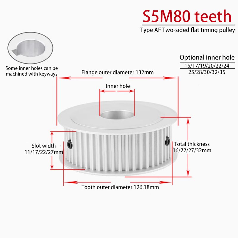 OEM S5M 80 Teeth Dual-Sided Timing Pulley Groove Width 27 AF Aluminum for CNC Applications 80S5M250-A