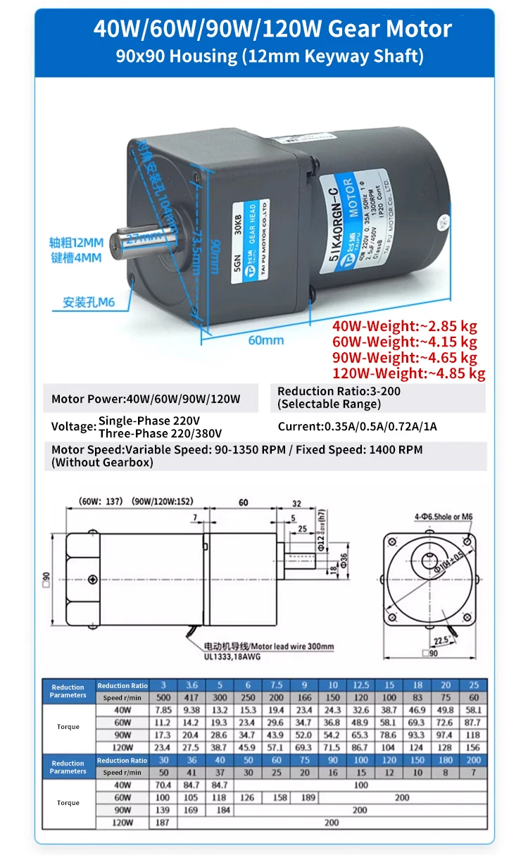 Manufacture Induction Gear Motor 90mm Flange 50/60Hz 90W Induction Motor with Gearbox AC Gear Motor 5IK60GN