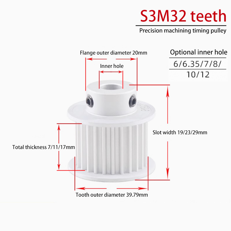 S3M 32 Tooth Dual-Sided Timing Pulley 7 Width BF Inner Bore 8-16 for CNC Applications HTPAS3M060