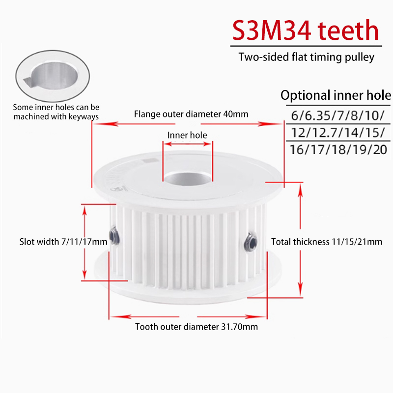 S3M 34 Tooth Dual-Sided Timing Pulley 11 Groove Width AF for Electrical Appliance Applications 34S3M100-A-P5-20