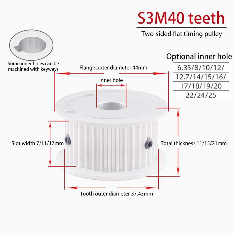 S3M 40 Tooth Dual-Sided Timing Pulley 17 Groove Width AF Aluminum for Food Packaging Applications 40S3M150