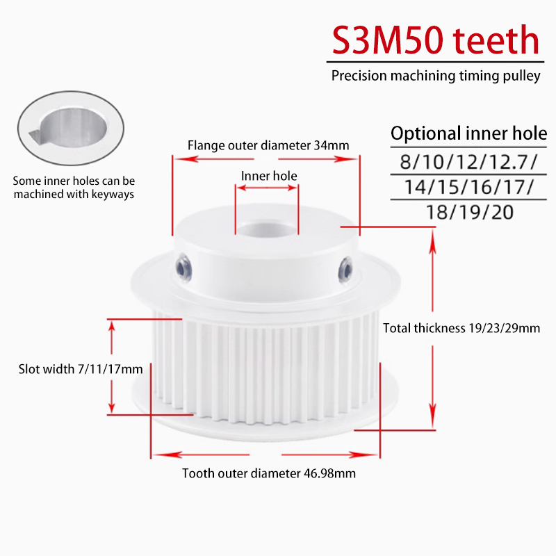 S3M 50 Teeth Timing Pulley with Flange 11 Groove Width BF Aluminum for CNC Applications 50S3M100-B