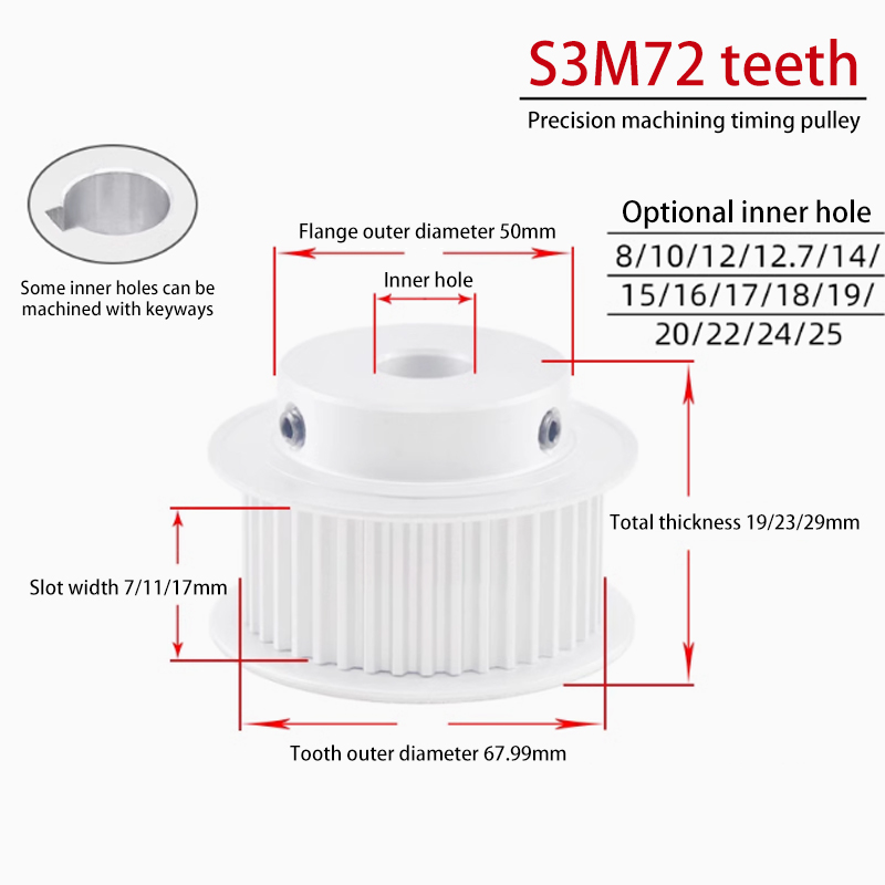 S3M 72 Teeth Timing Pulley with Flange 11 Groove Width BF Aluminum for CNC Applications 72S3M100-B
