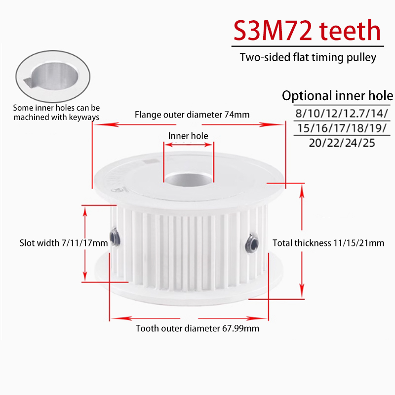 S3M 72 Tooth Dual-Sided Timing Pulley 11 Groove Width AF for Food Packaging Applications 72S3M100-A-P8-25