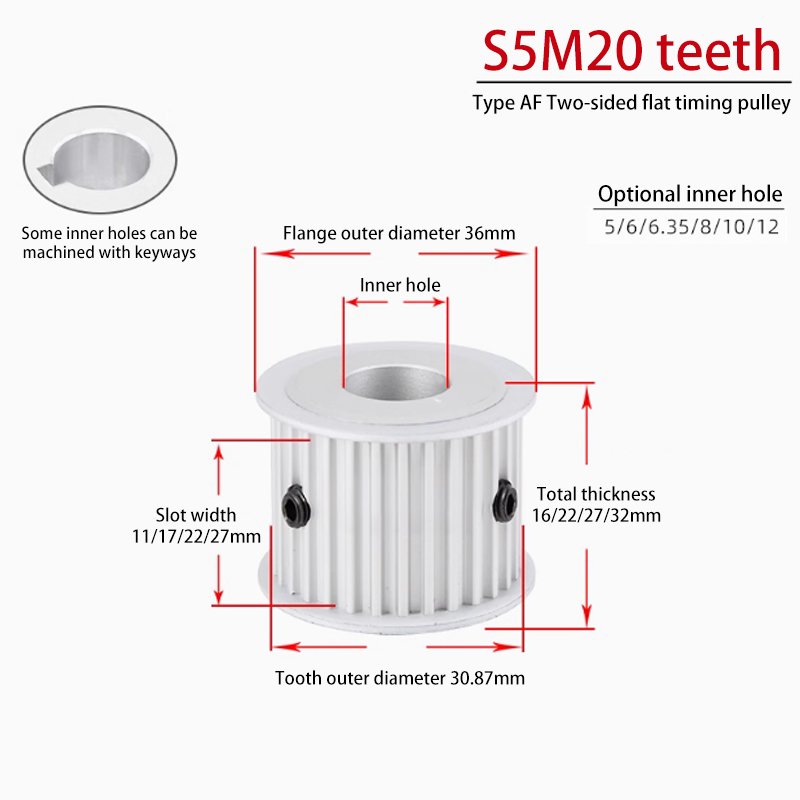 OEM S5M20 Teeth Two-Sided Timing Pulley Groove Width 11 AF Type Aluminum S5M100-A