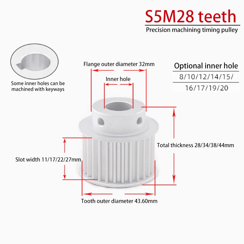 OEM S5M 28 Teeth Timing Pulley with Flange 17 Groove Width BF Aluminum for CNC Applications 28S5M150-B