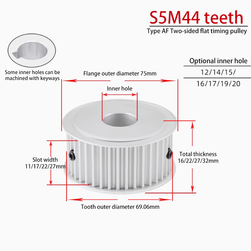 OEM S5M 44 Teeth Dual-Sided Timing Pulley Groove Width 27 AF Aluminum Alloy for CNC Applications S5M250-A
