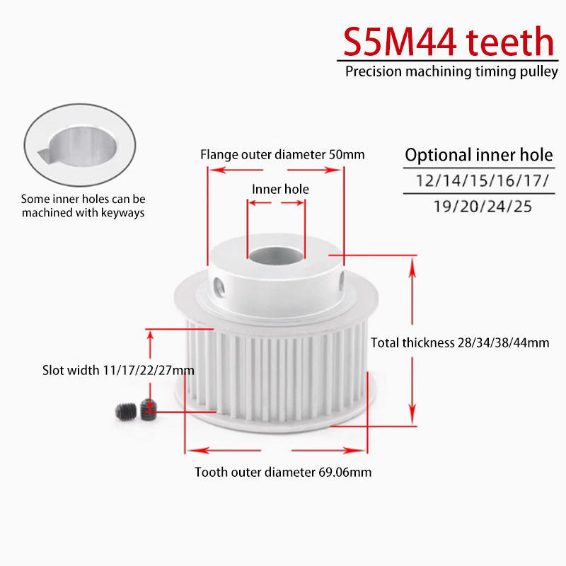 OEM S5M 44 Teeth Timing Pulley with Flange 22 Groove Width BF Aluminum for CNC Applications 44S5M200-B