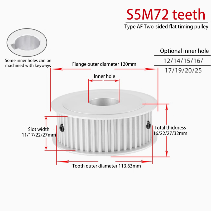 OEM S5M72 Teeth Dual-Sided Timing Pulley Groove Width22 AF Type Aluminum 72S5M200-A
