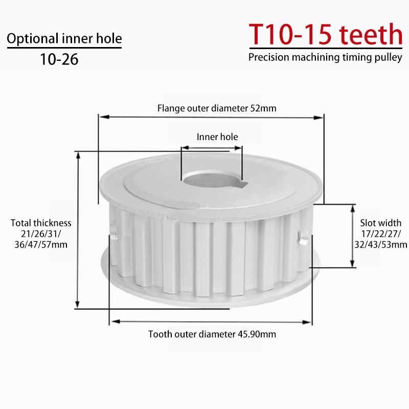 T10 AF Timing Pulley | T10-15 Teeth | Groove Width 150/200/250 | Two-Sided Flat Anodized Aluminum Alloy Pulley