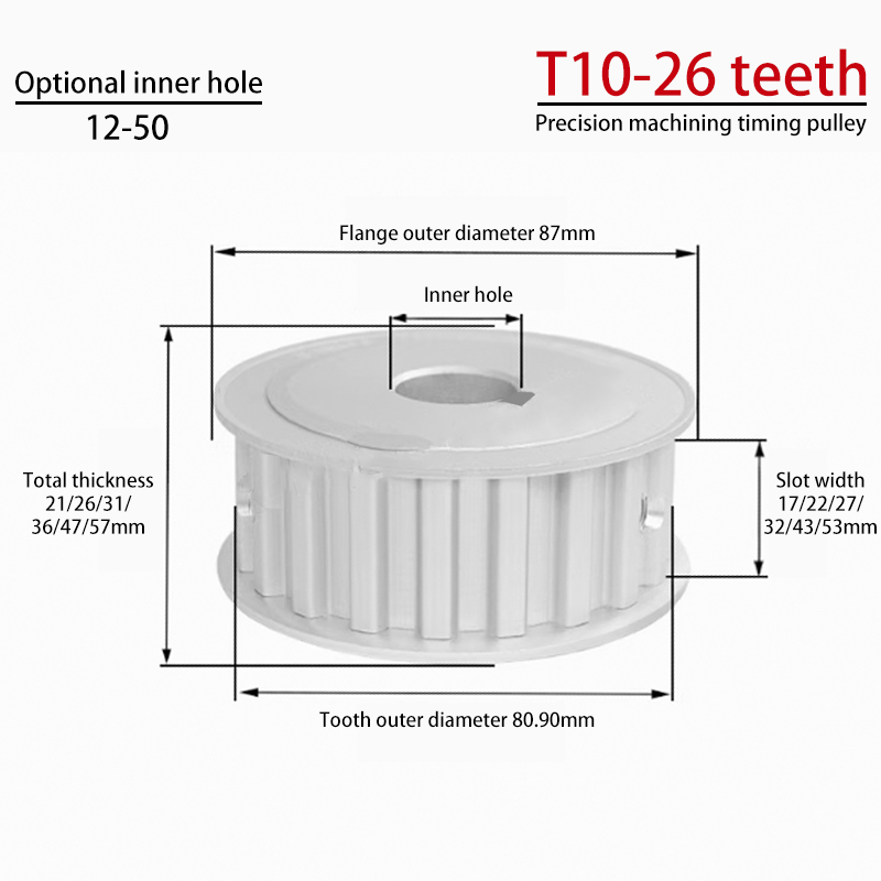 T10 AF Timing Pulley | T10-26 Teeth | Groove Width 150/200/250 | Two-Sided Flat Anodized Aluminum Alloy Pulley