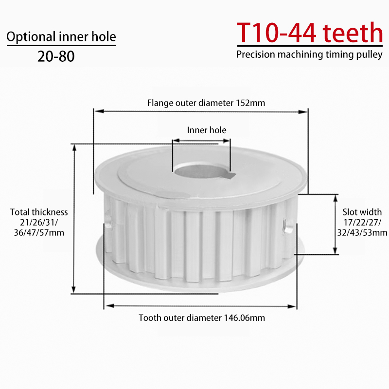 T10 AF Timing Pulley | T10-44 Teeth | Groove Width 150/200/250 | Two-Sided Flat Anodized Aluminum Alloy Pulley
