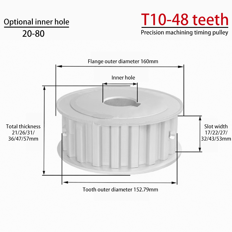 T10 AF Timing Pulley | T10-48 Teeth | Groove Width 150/200/250 | Two-Sided Flat Anodized Aluminum Alloy Pulley