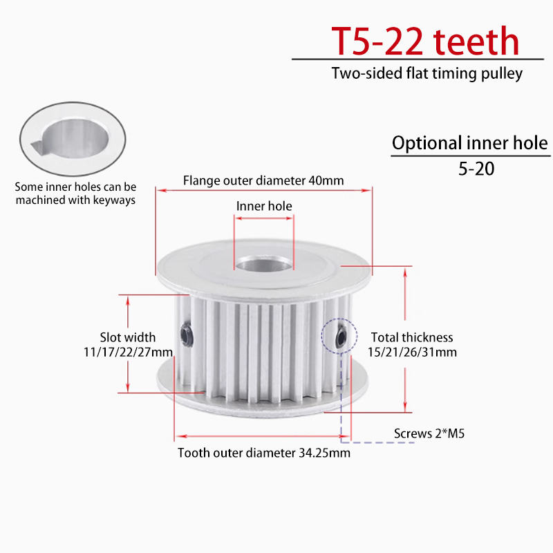 T5 22 Teeth Timing Pulley | T5 22 Teeth AF Groove Width 11 | Bore 5-20 Teeth Pulley