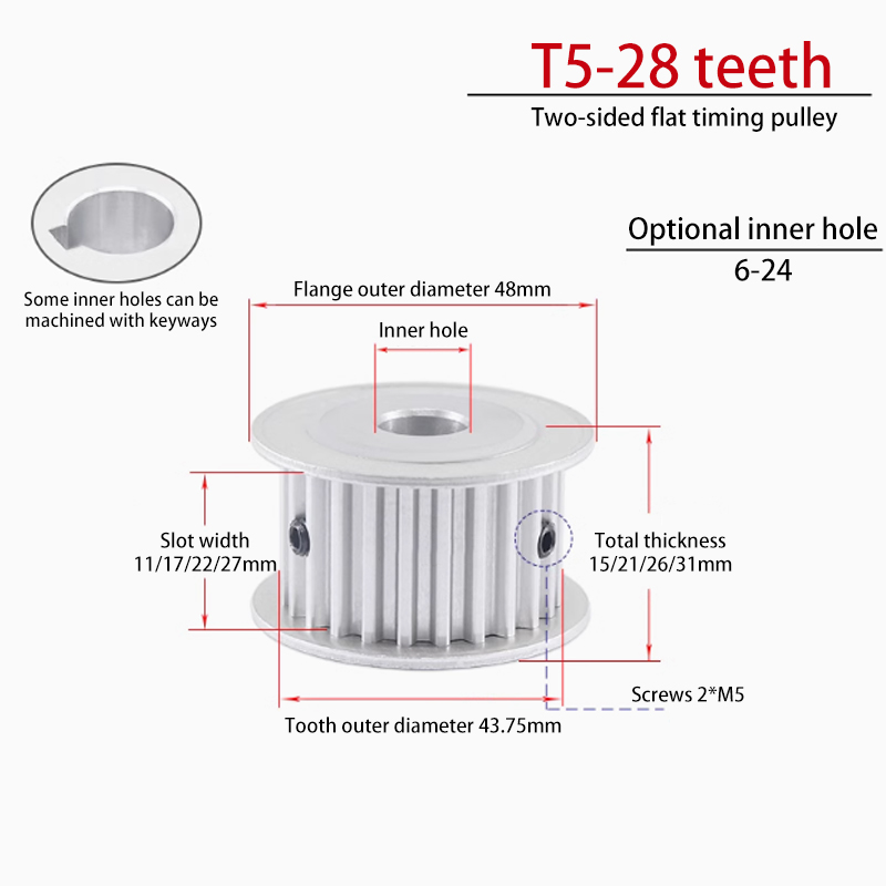 T5 28 Teeth Timing Pulley | T5 28 Teeth AF Groove Width 11/17 | Bore 6-22 Teeth Pulley