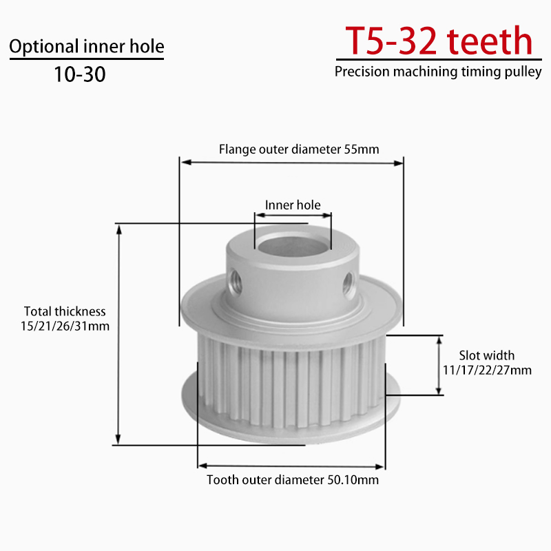 T5-32 Teeth Timing Pulley with Boss Groove Width 22/27 | Anodized Aluminum Alloy Pulley