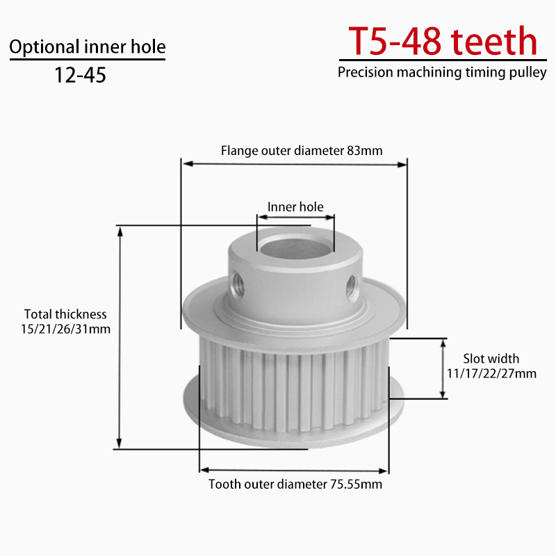 T5-48 Teeth Timing Pulley with Boss Groove Width 22/27 | Anodized Aluminum Alloy Pulley
