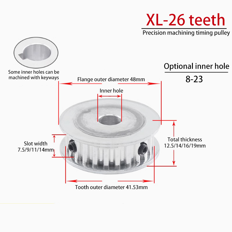 OEM XL 26 Teeth Double Flat Aluminum Alloy Oxidized Timing Belt Pulley Groove Width 7.5/9/11/14