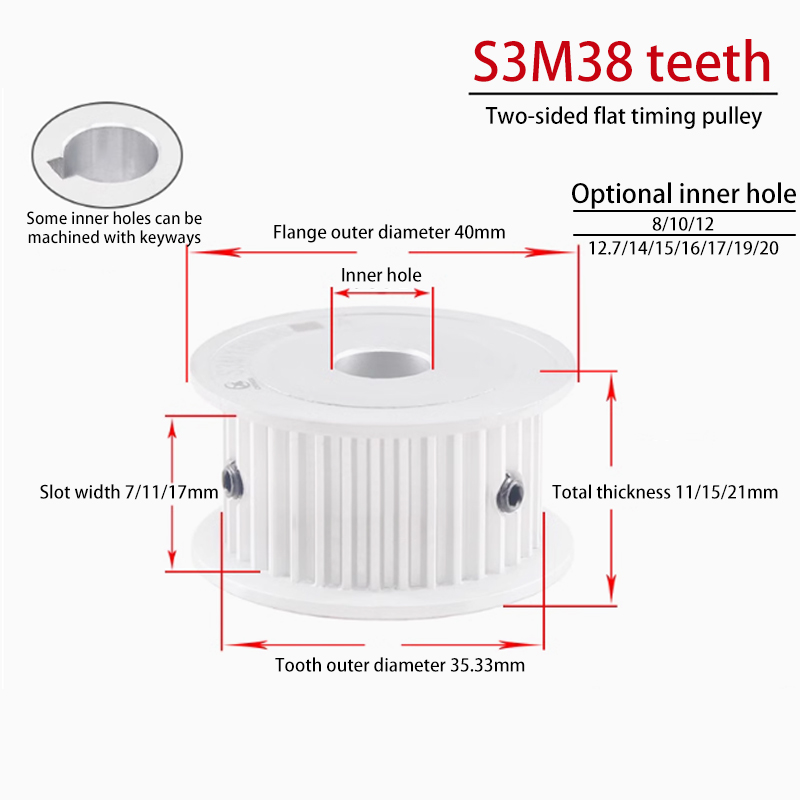 S3M 38 Tooth Dual-Sided Timing Pulley 7 Groove Width AF for Instrumentation Applications HTPA38S3M060-A-P5-17