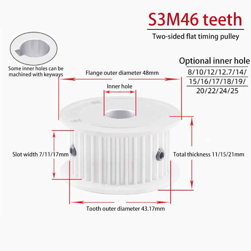 S3M 46 Tooth Dual-Sided Timing Pulley 11 Groove Width AF for Electrical Appliance Applications 46S3M100-A-P8-25