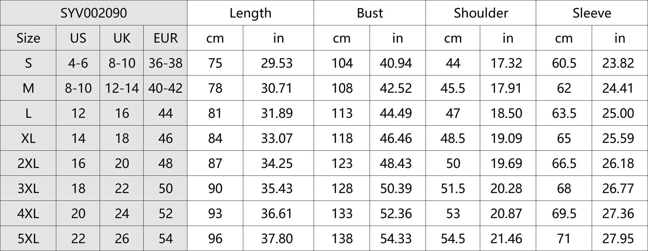Stylish 100% Cotton Shirt Size Chart