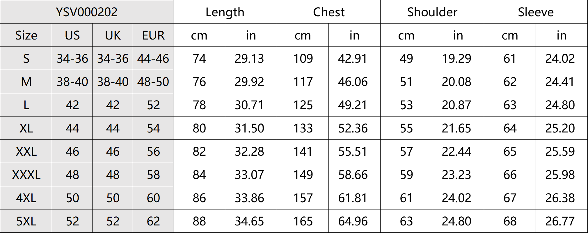 Creative Horror Graphic Shirt Size Chart