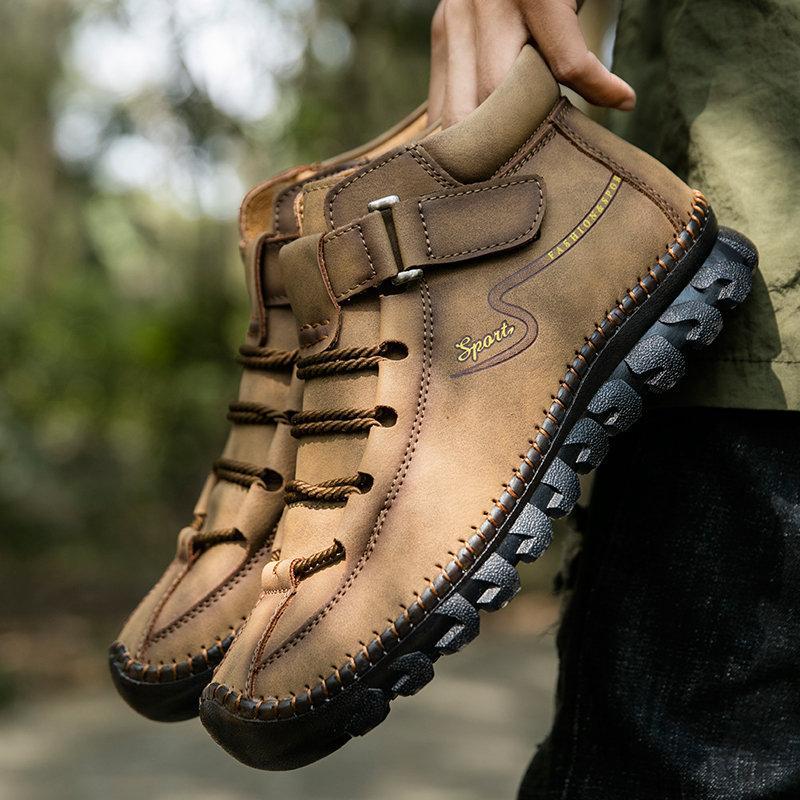 Men Cow Leather Non Slip Hand Stitching Soft Sole Casual Outdoor Boots