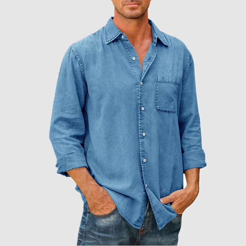 Men's casual solid color long sleeve shirt lapel shirt