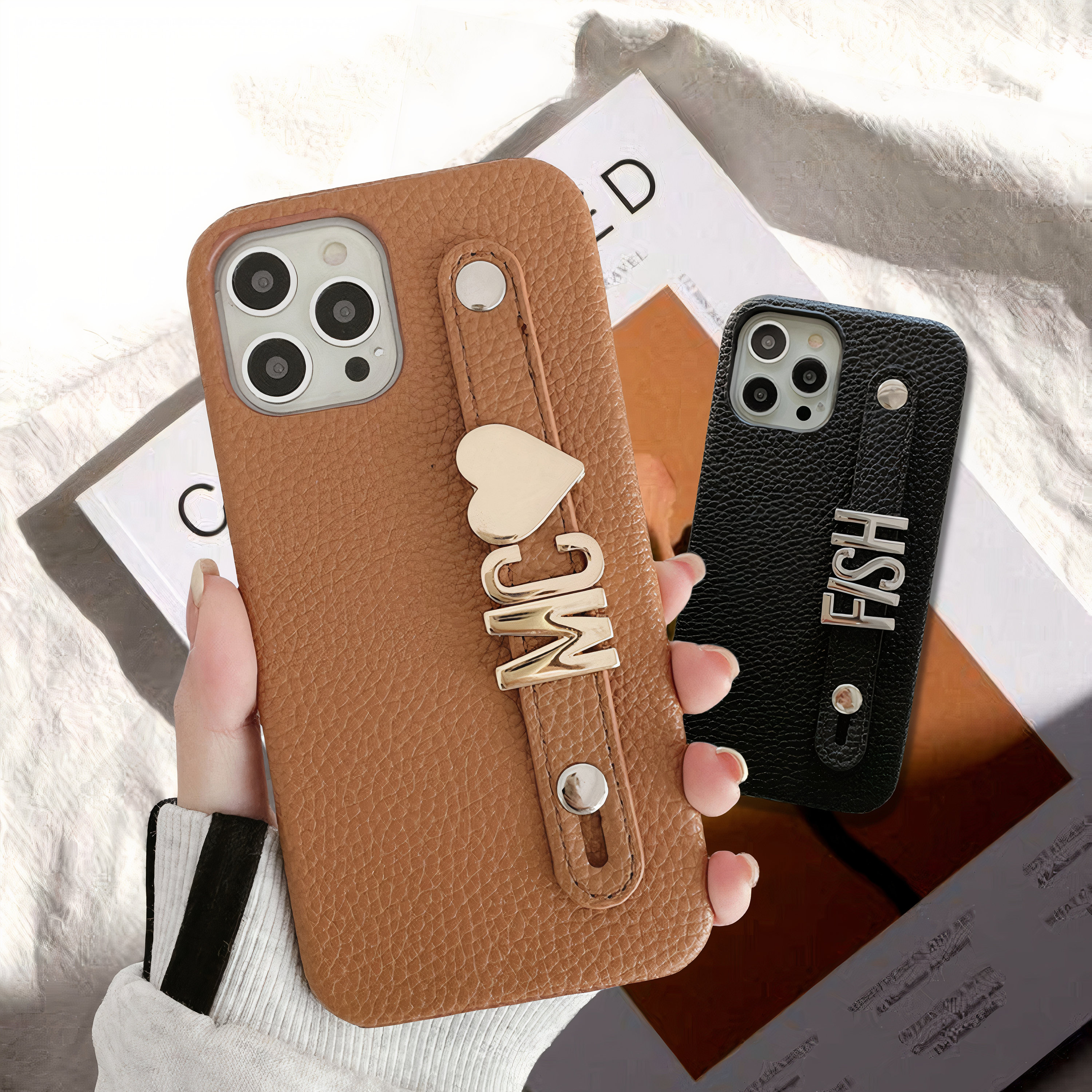 Personalized Monogram Leather Phone Case with Strap Gold Letters | OFCase095