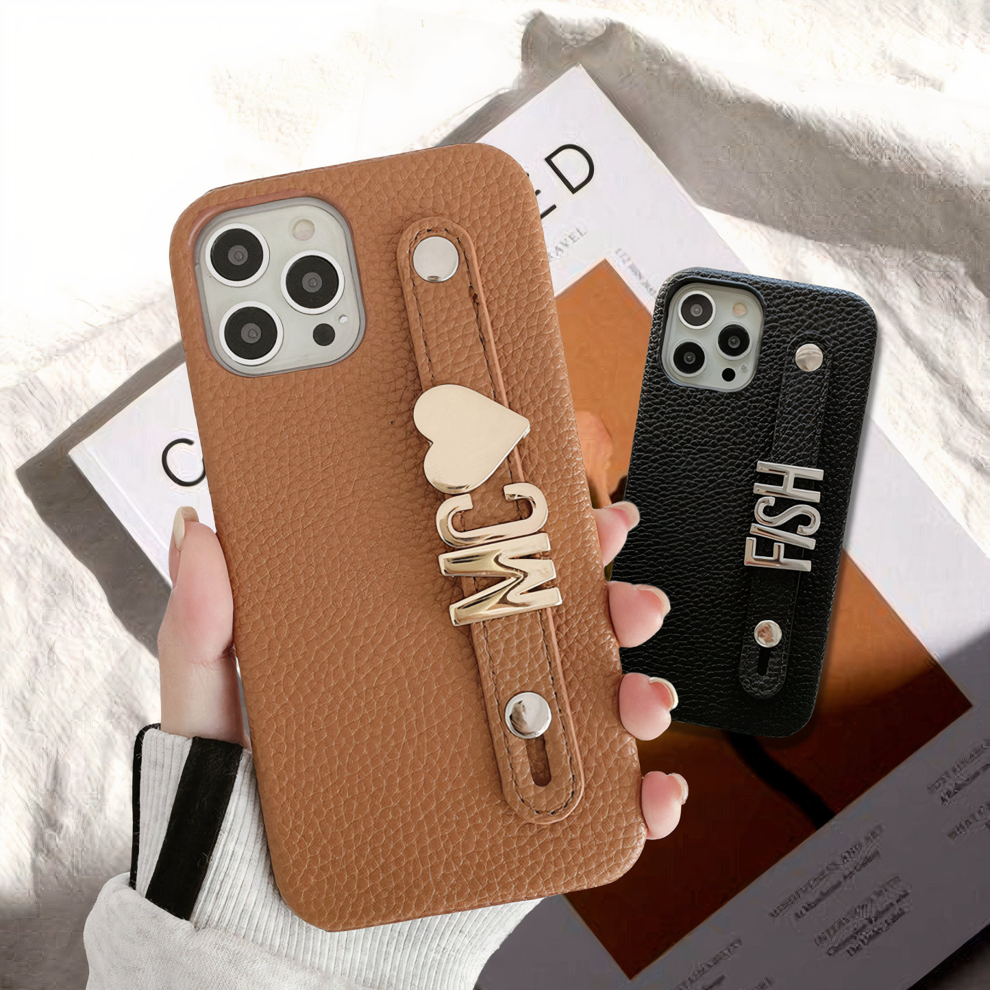 Personalized Monogram Leather Phone Case with Strap Gold Letters | OFCase095