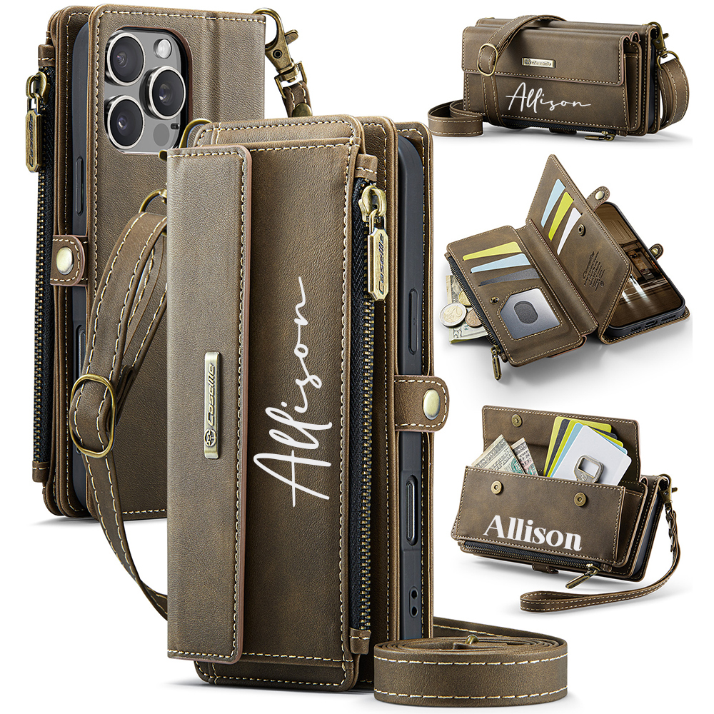 Personalised Monogram Card Holder Zipper Wallet Crossbody Phone Case for iPhone & Samsung | OFCase153