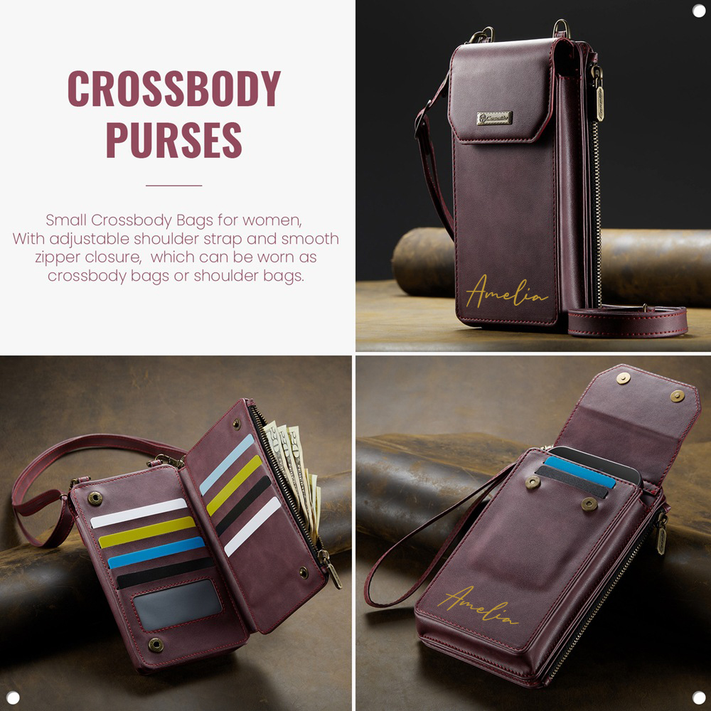 Personalized Name Crossbody Zip Card Slot Leather Phone Bags | OFBag05