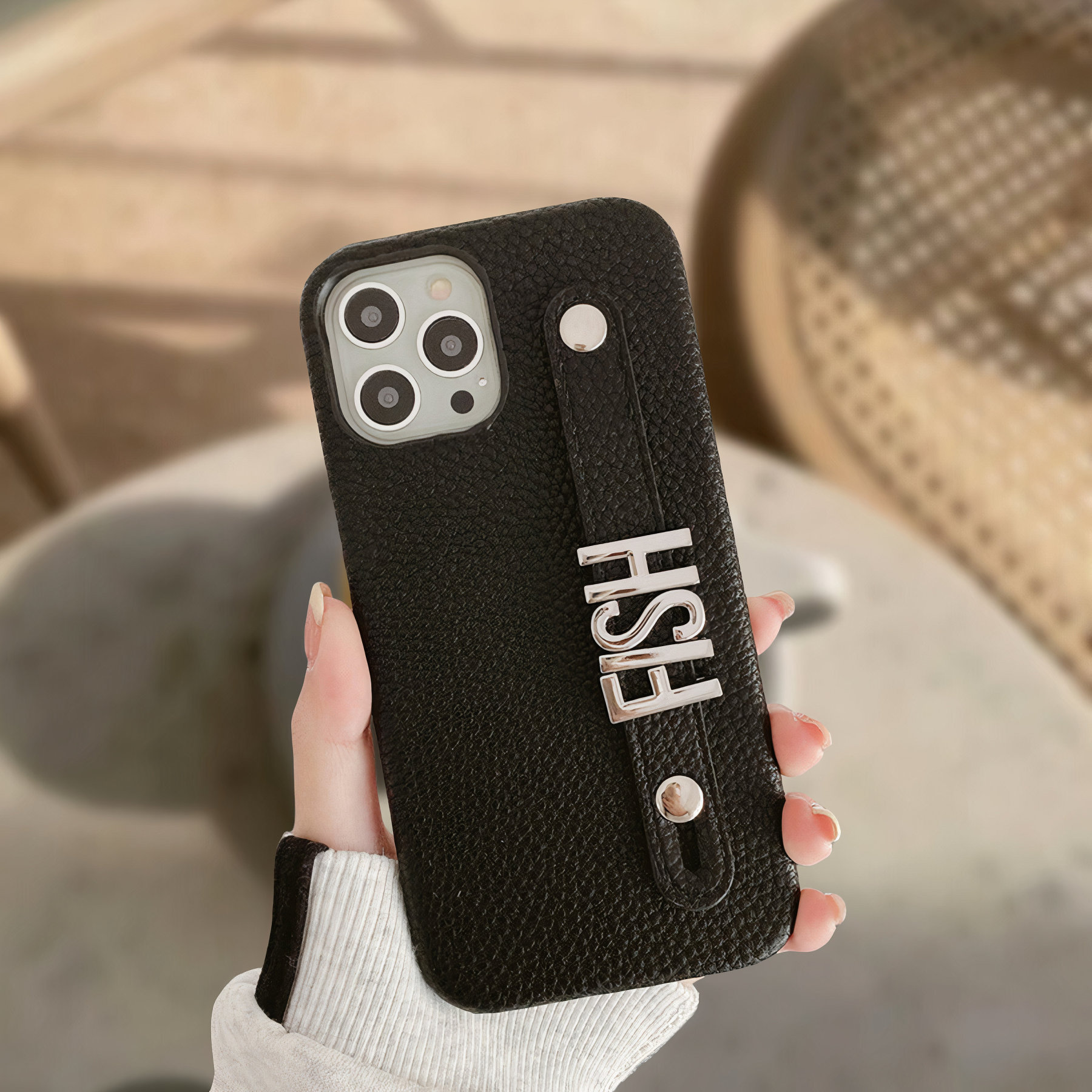 Personalized Monogram Leather Phone Case with Strap Gold Letters | OFCase095