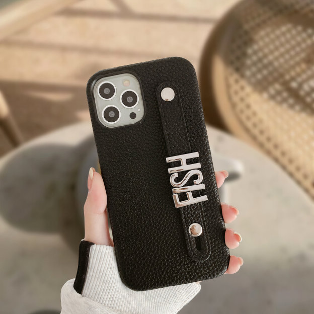 Personalized Monogram Leather Phone Case with Strap Gold Letters | OFCase095