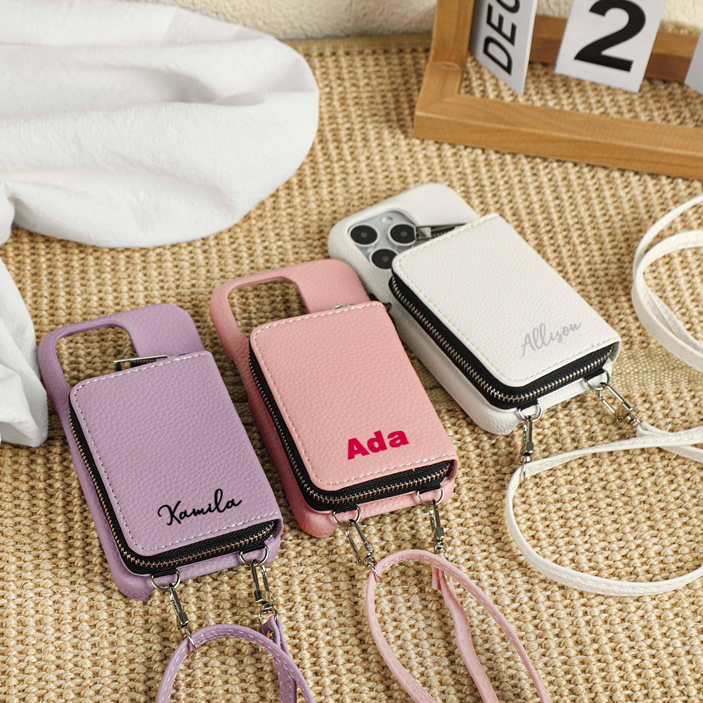 Personalized Leather Card Slot Phone Case with Crossbody Strap | OFCase143