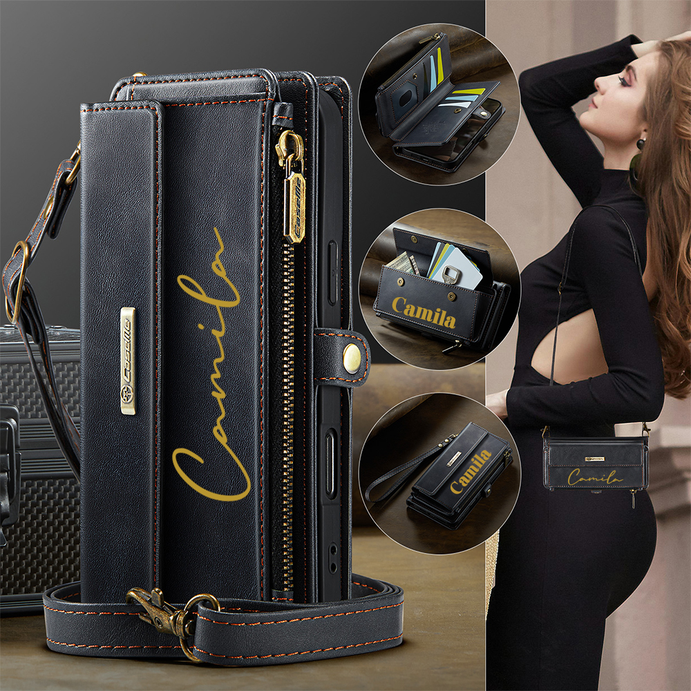 Personalised Monogram Card Holder Zipper Wallet Crossbody Phone Case for iPhone & Samsung | OFCase153